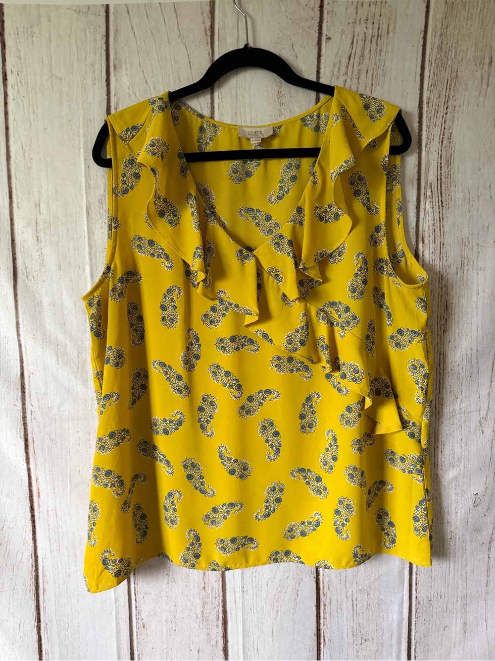 LOFT Yellow Paisley Ruffle Sleeveless Blouse XL